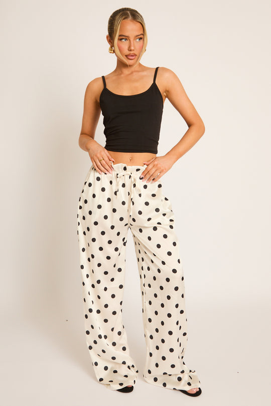 White Polka Dot Print Wide Leg Trousers - Hannah