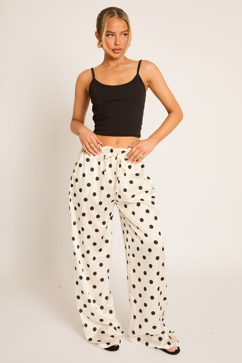 White Polka Dot Print Wide Leg Trousers - Hannah