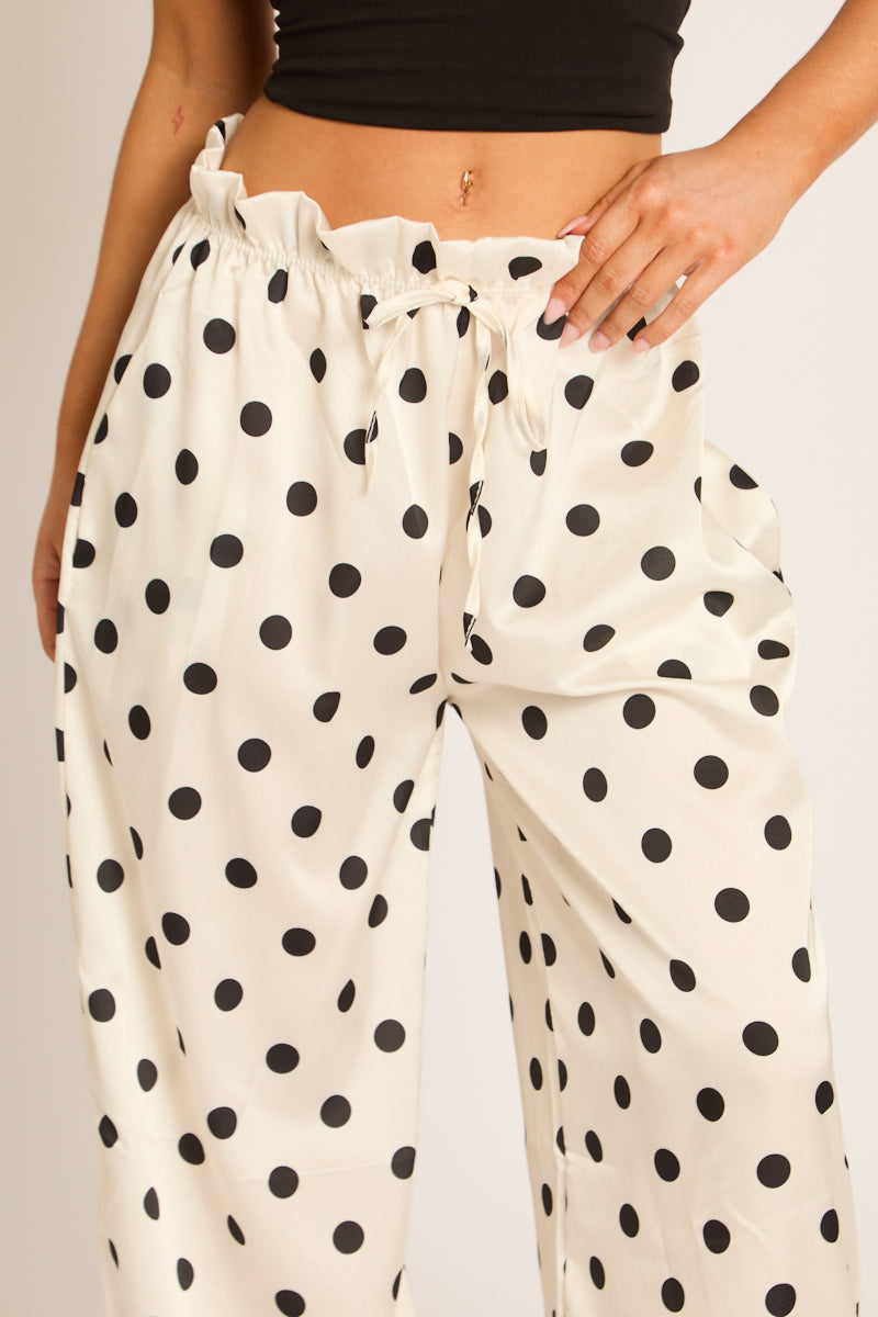 White Polka Dot Print Wide Leg Trousers - Hannah