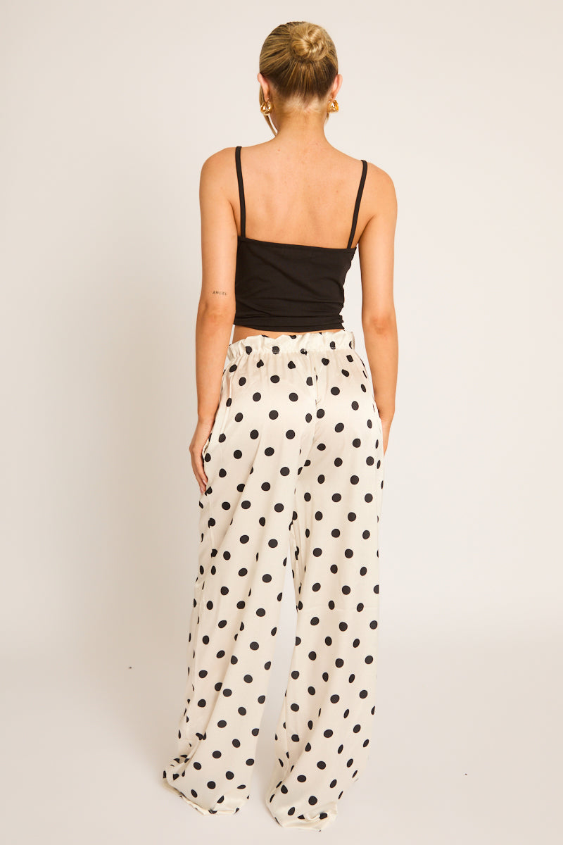 White Polka Dot Print Wide Leg Trousers - Hannah