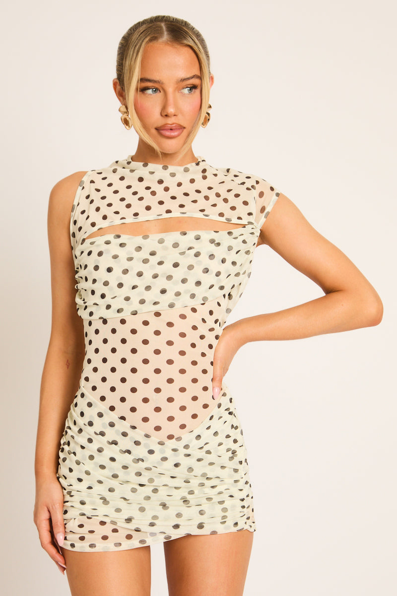 Cream Polka Dot One Shoulder Drape Mesh Mini Dress - Holly