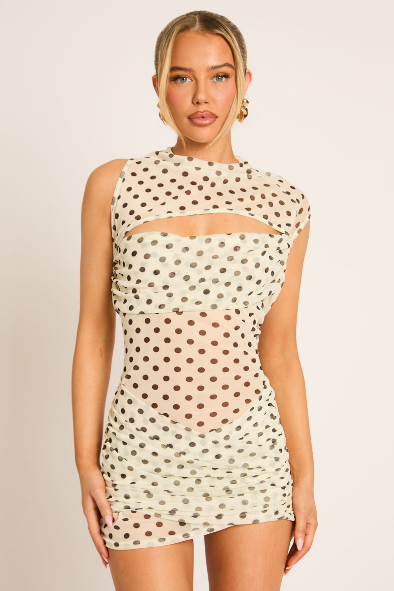 Cream Polka Dot One Shoulder Drape Mesh Mini Dress - Holly
