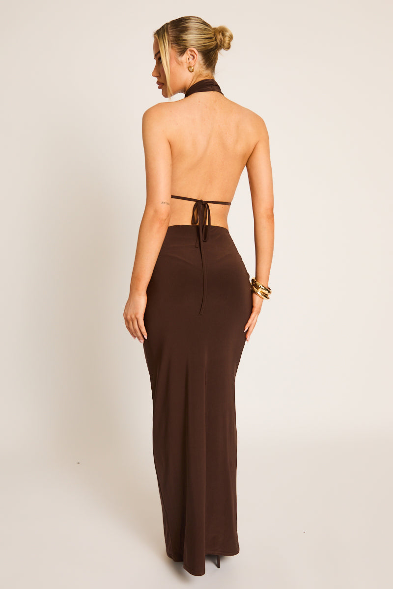 Chocolate Cowl Plunge Halter Top and Maxi Skirt Co-ord Set - Delia