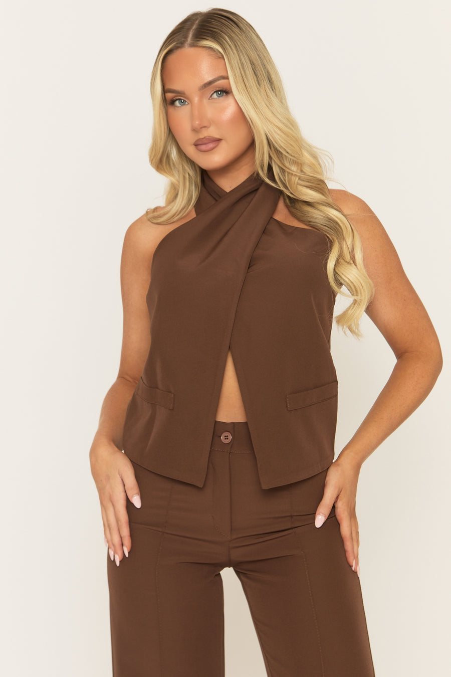 Chocolate Tailored Twist Neck Top and Trouser Co-ord - Ayesha