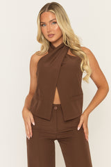 Chocolate Tailored Twist Neck Top and Trouser Co-ord - Ayesha