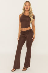 Chocolate Asymmetric Trim Detail Top and Trousers Co-Ord Set - Kanlea