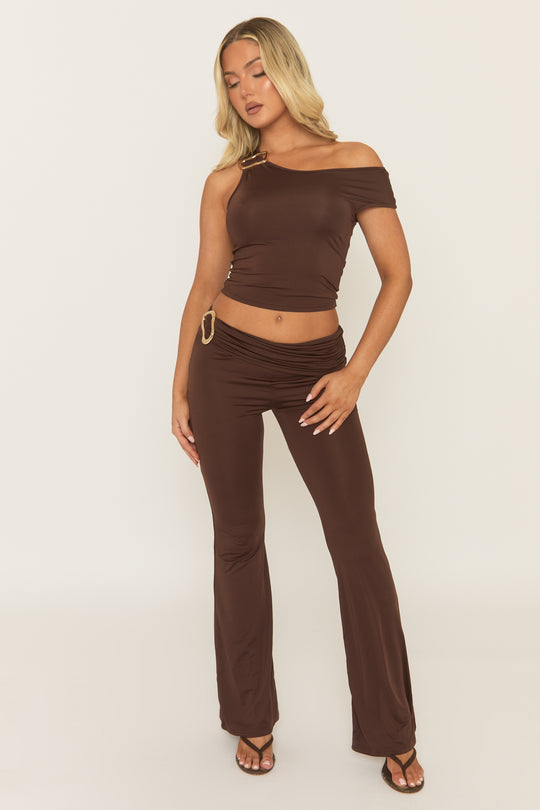 Chocolate Asymmetric Trim Detail Top and Trousers Co-Ord Set - Kanlea