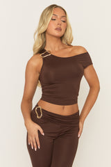 Chocolate Asymmetric Trim Detail Top and Trousers Co-Ord Set - Kanlea