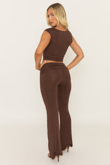 Chocolate Asymmetric Trim Detail Top and Trousers Co-Ord Set - Kanlea