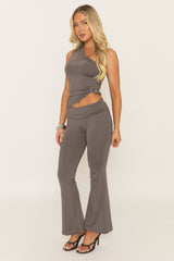 Grey Asymmetric Top and Flare Leg Trouser Co-Ord Set - Seray