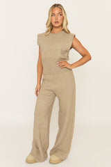 Beige Knitted Vest and Trouser Loungewear Set - Aziel