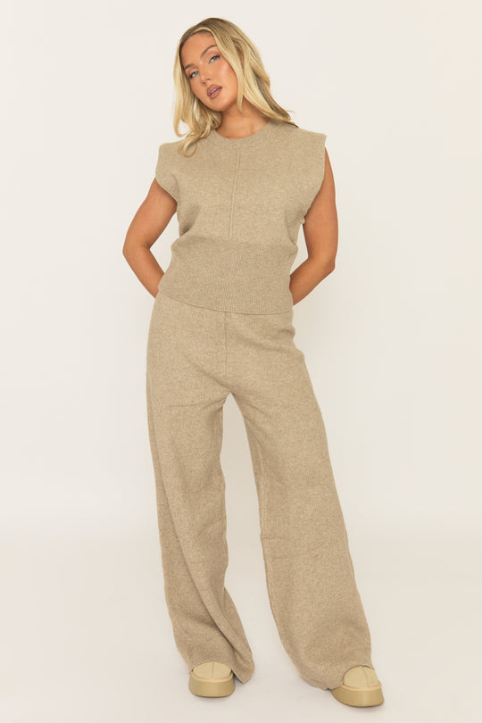 Beige Knitted Vest and Trouser Loungewear Set - Aziel