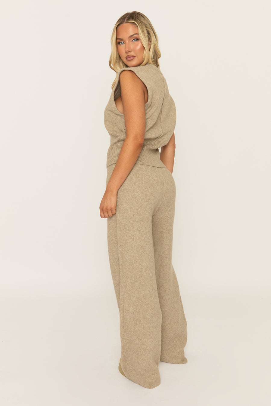 Beige Knitted Vest and Trouser Loungewear Co-ord Set - Aziel