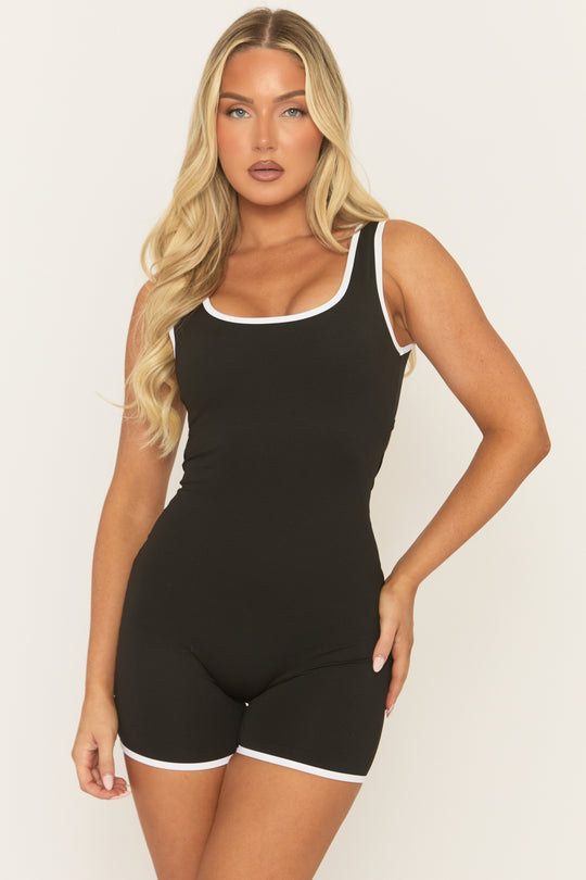 Black Contrast Piping Short Activewear Unitard - Alvin