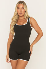 Black Contrast Piping Short Activewear Unitard - Alvin