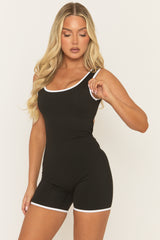 Black Contrast Piping Short Activewear Unitard - Alvin