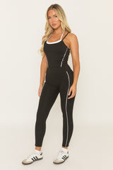 Black Contrast Piping Sports Bra And Legging Activewear Set - Shardy
