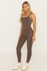 Chocolate Contrast Piping Sports Bra And Legging Activewear Set - Shardy
