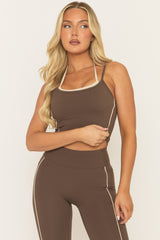 Chocolate Contrast Piping Sports Bra And Legging Activewear Set - Shardy
