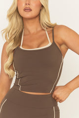 Chocolate Contrast Piping Sports Bra And Legging Activewear Set - Shardy