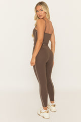 Chocolate Contrast Piping Sports Bra And Legging Activewear Set - Shardy