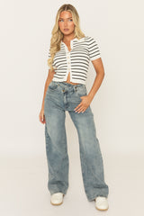 White Stripe Button Up Ribbed Top - Ashna