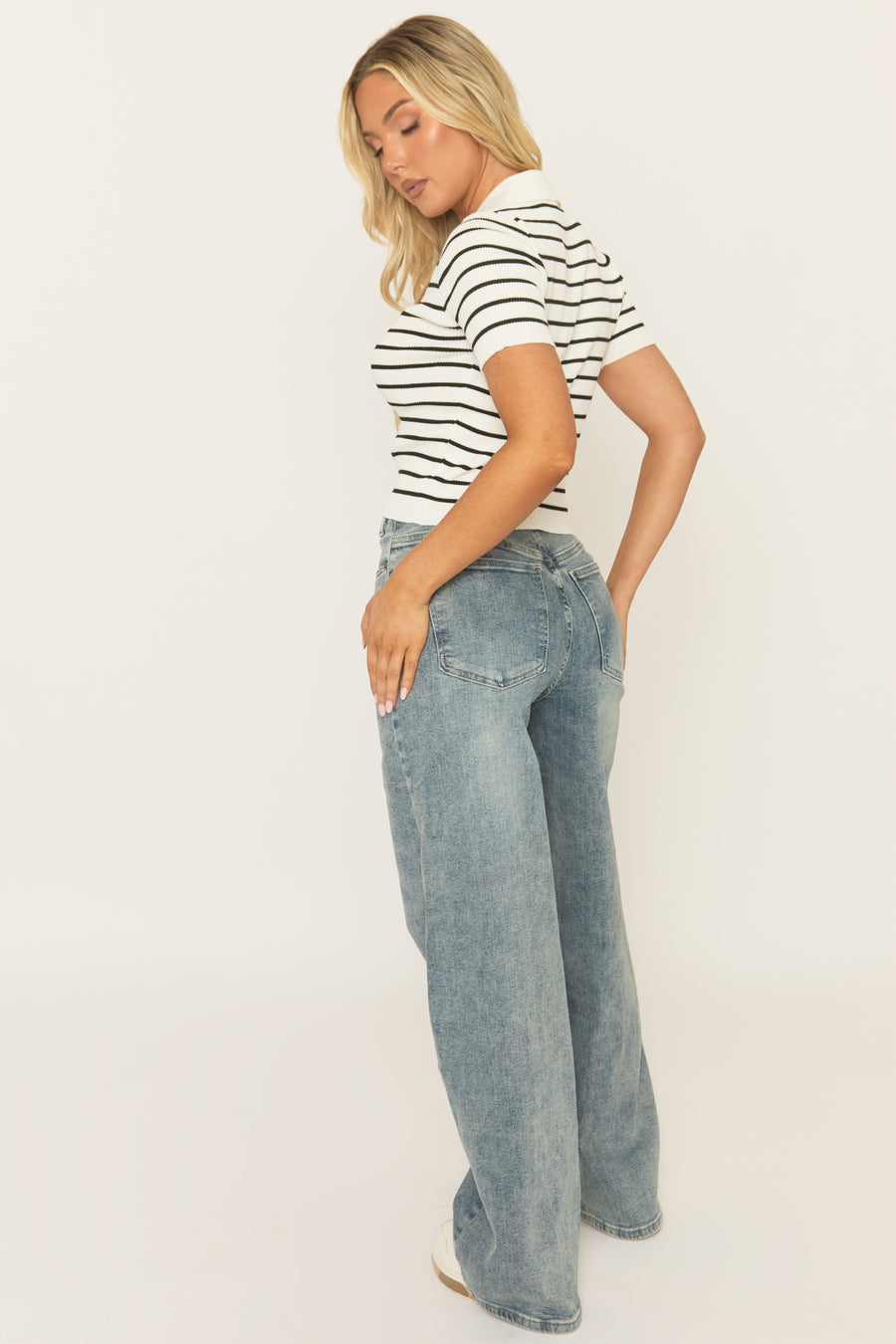 White Stripe Button Up Ribbed Top - Ashna