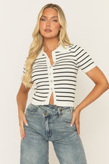 White Stripe Button Up Ribbed Top - Ashna