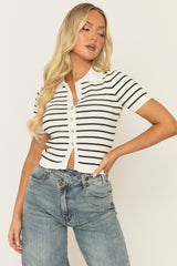 White Stripe Button Up Ribbed Top - Ashna