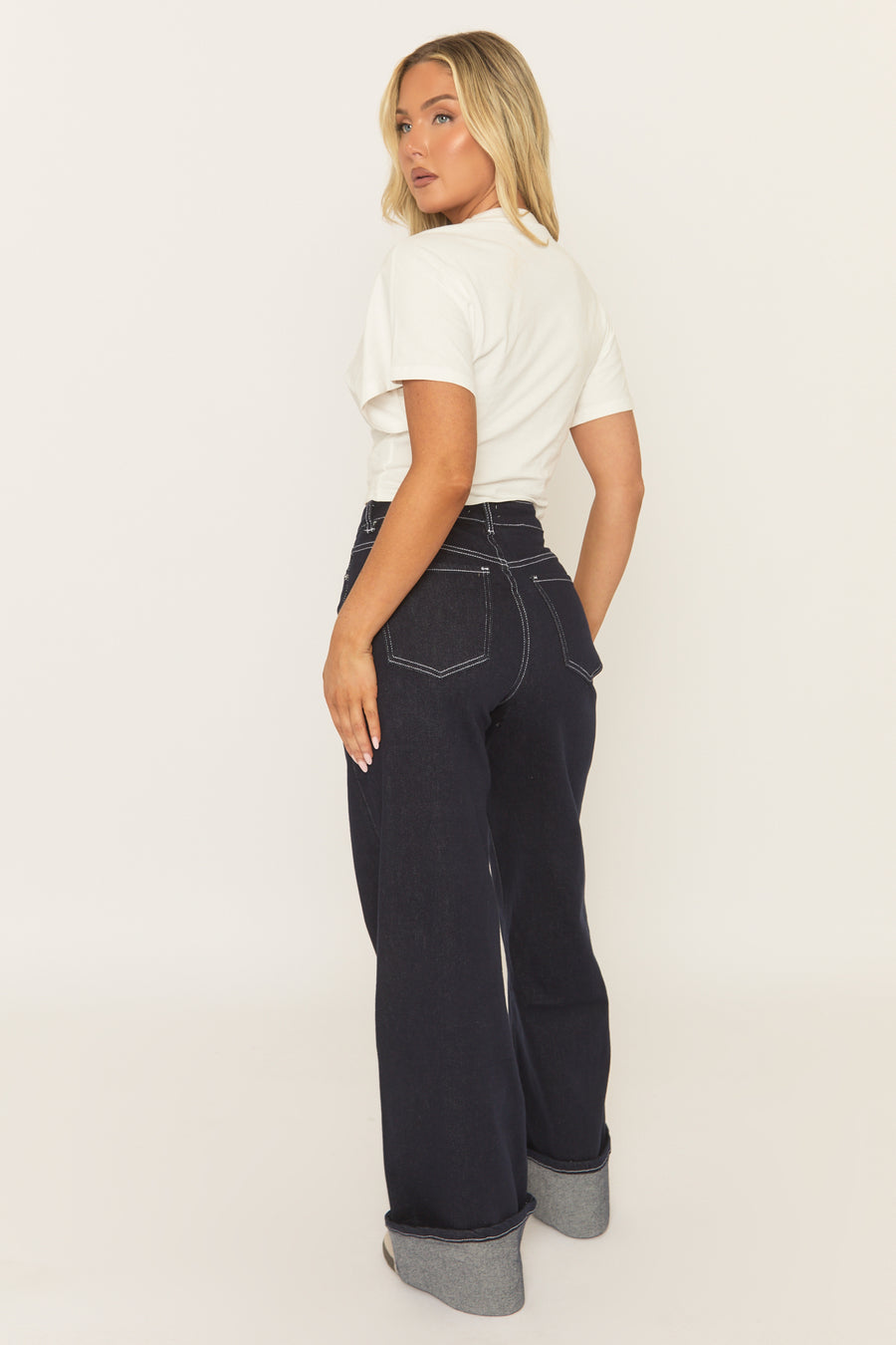 Indigo Turn Up Hem Wide Leg Denim Jeans - Eiva