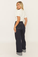 Indigo Turn Up Hem Wide Leg Denim Jeans - Eiva