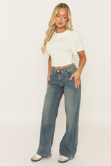 Blue Vintage Washed Wide Leg Denim Jeans - Kayte