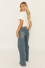 Blue Vintage Washed Wide Leg Denim Jeans - Kayte