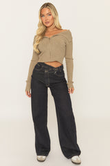 Indigo Asymmetric Waist Wide Leg Denim Jeans - Elka