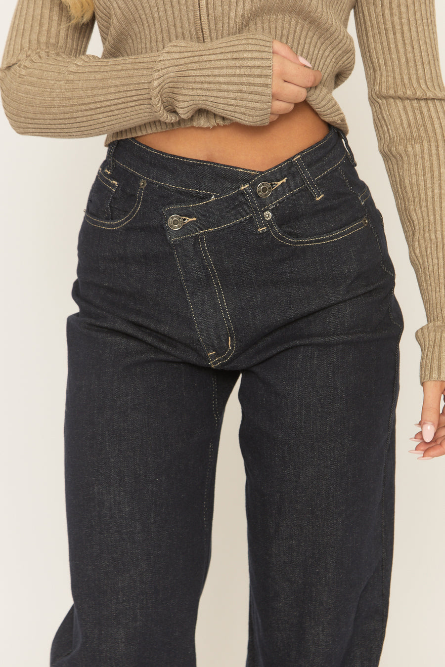 Indigo Asymmetric Waist Wide Leg Denim Jeans - Elka