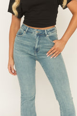 Washed Blue Stretch Denim Flare Jeans - Ronia