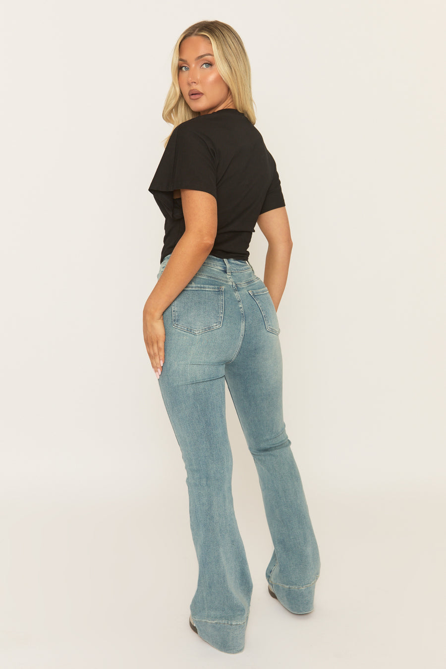 Washed Blue Stretch Denim Flare Jeans - Ronia