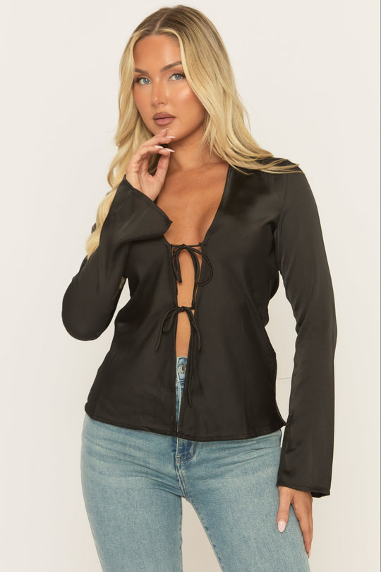 Black Satin Tie Front Shirt - Noala