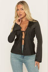 Black Satin Tie Front Shirt - Noala