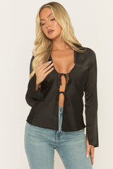 Black Satin Tie Front Shirt - Noala