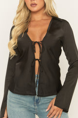Black Satin Tie Front Shirt - Noala