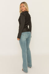 Black Satin Tie Front Shirt - Noala