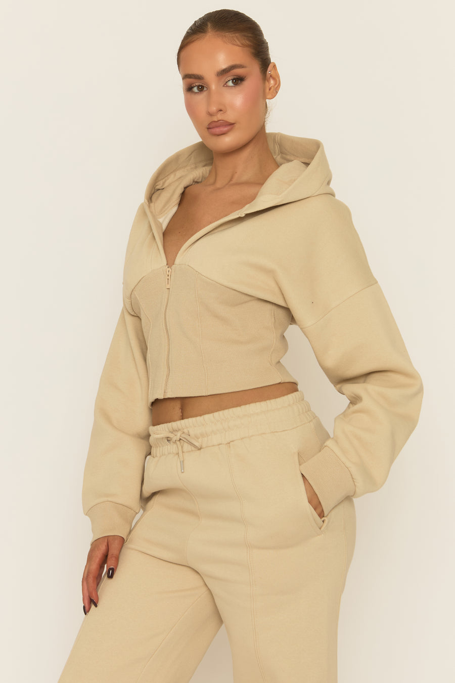 Beige Corset Fit Hoodie and Jogger Loungewear Co-ord Set - Arria