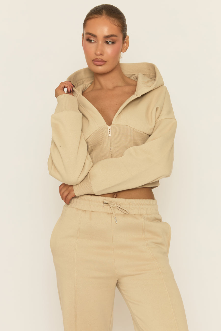 Beige Corset Fit Hoodie and Jogger Loungewear Co-ord Set - Arria