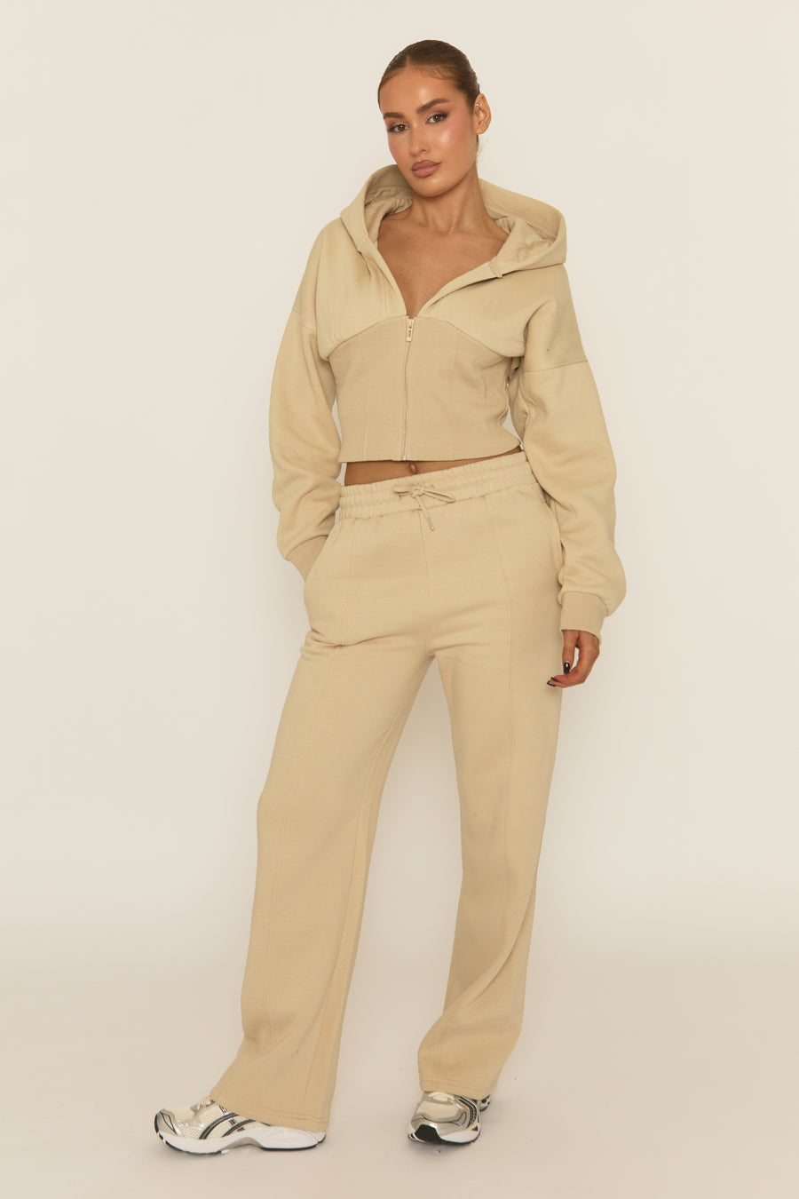 Beige Corset Fit Hoodie and Jogger Loungewear Co-ord Set - Arria