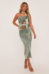 Sage Abstract Print Bandeau Crop Top & Midi Skirt Co-ord Set - Savannah