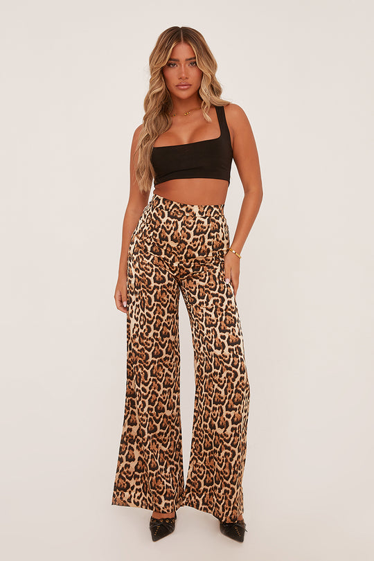 Brown Satin Leopard Print Wide Leg Trousers - Keisha