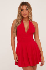 Red Halter Plunge Neck Mini Dress - Pippa