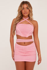 Pink Mesh Corset Detail Crop Top & Ruched Mini Skirt Co-ord Set - Morgan