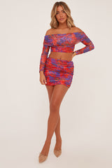 Multi Abstract Print Bardot Crop Top & Ruched Mini Skirt Co-ord Set - Payton